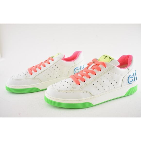 Chanel Mens 20P White Multicolor Neon CC Logo Flat Runner Trainer Sneaker 44 11 - Picture 9 of 12